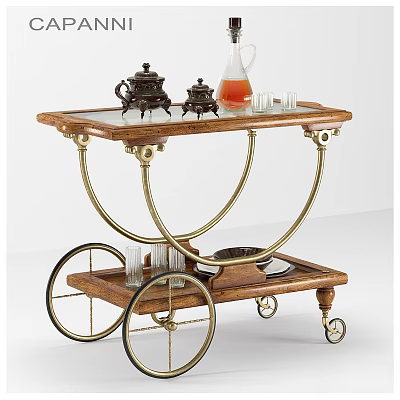 Dining Table With Two Tier Wooden Cart Brass Wheels Tea Set And Glass Cups 3d model