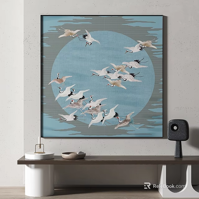 Animal Painting With Flying Cranes On Blue Circular Background Decorative Wall Art 3d model 