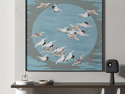 Animal Painting With Flying Cranes On Blue Circular Background Decorative Wall Art 3d model