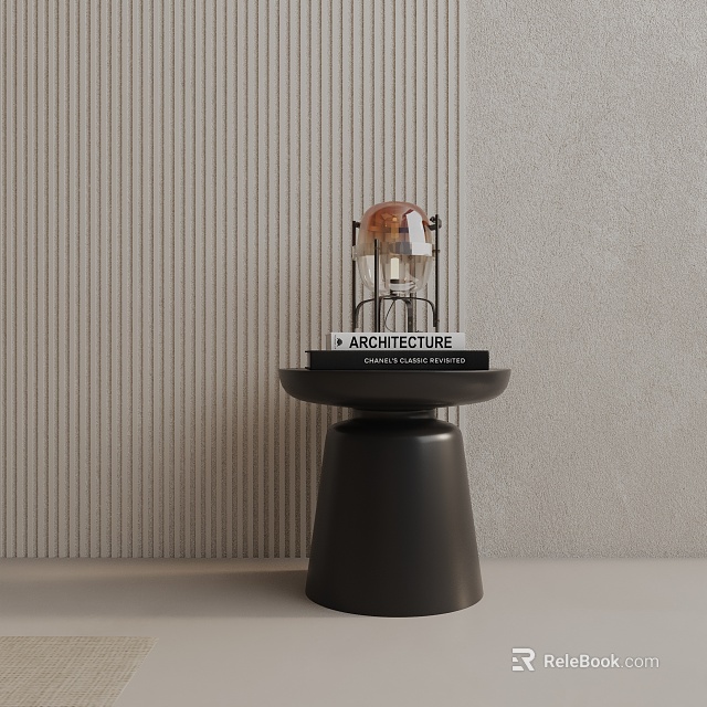 Black Modern Side Table With Conical Base And Decorative Lamp On Stacked Books 3d model 