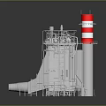 Industrial Equipment Installation With Complex Piping Structural Framework And Red White Striped Tower