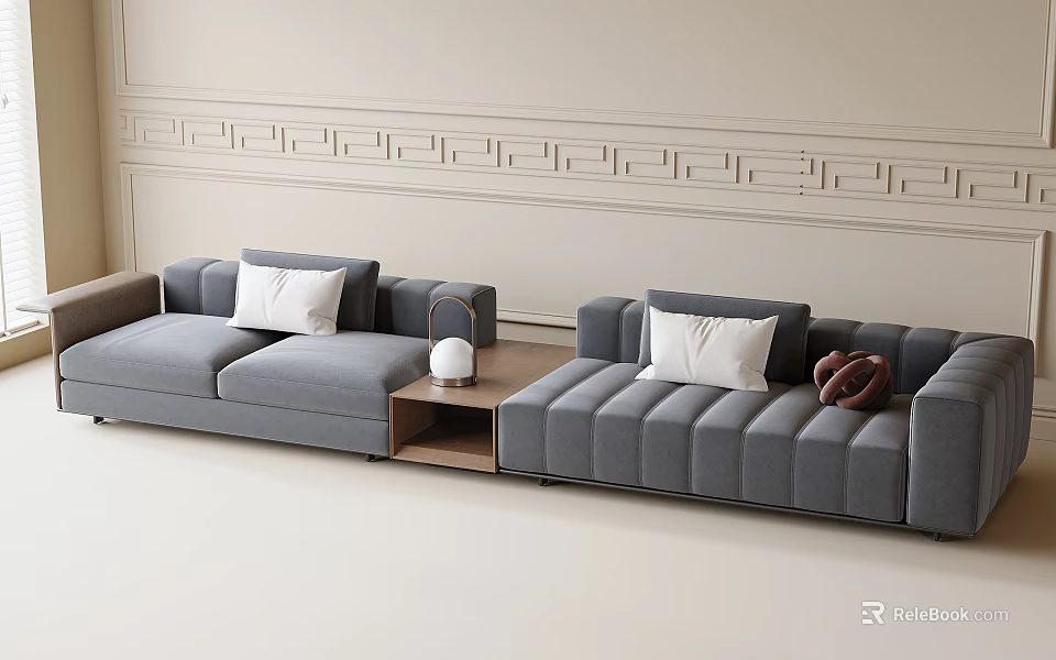 Modern Gray Sectional Sofa With Throw Pillows And Side Table In Minimalist Living Room 3d model 