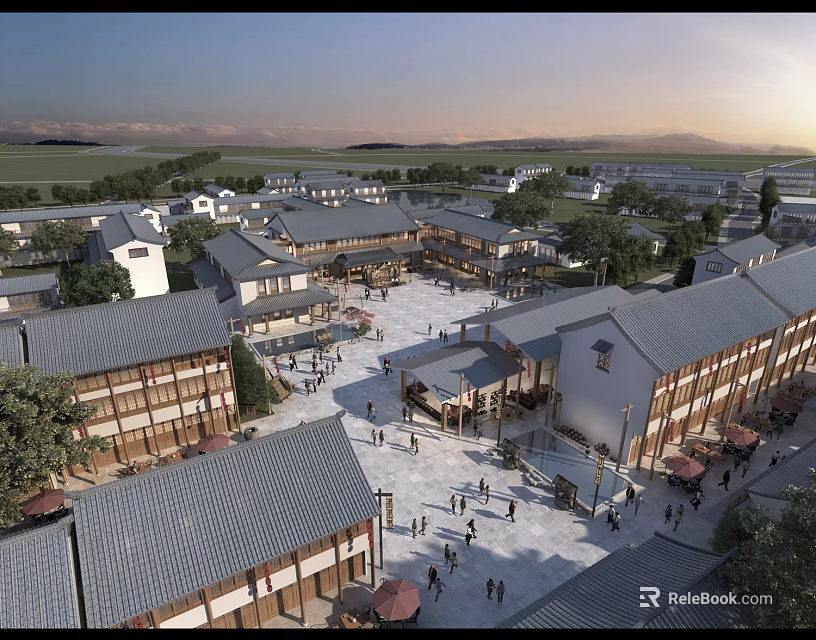 Traditional Commercial Street With Sunset Mountain Views Classic Tile Roofs Plaza Pedestrians And Trees 3d model 