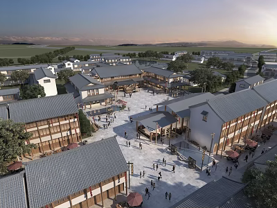 Traditional Commercial Street With Sunset Mountain Views Classic Tile Roofs Plaza Pedestrians And Trees 3d model