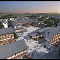 Traditional Commercial Street With Sunset Mountain Views Classic Tile Roofs Plaza Pedestrians And Trees