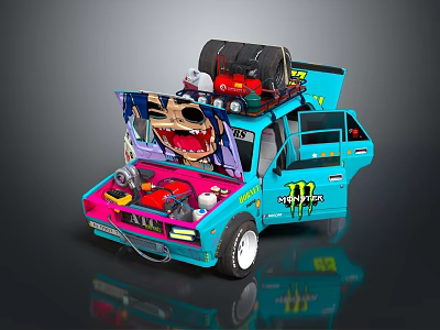 Turquoise Pink Modified Car With Monster Energy Graffiti Open Doors And Roof Engine 3d model