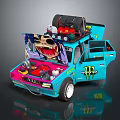 Turquoise Pink Modified Car With Monster Energy Graffiti Open Doors And Roof Engine