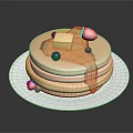 Stack of Fluffy Pancakes Topped with Butter Strawberries Blueberries and Syrup on White Plate