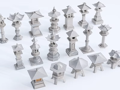 Various Stone Outdoor Lights with Traditional Japanese Lantern Designs for Garden Decor 3d model