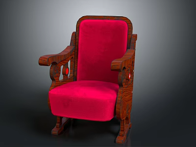 Elegant Vintage Wooden Armchair With Red Upholstered Seat And Carved Arms 3d model
