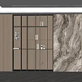 Modern Sofa Background Wall Design With Wooden Panels Glass Shelves And Marble Texture