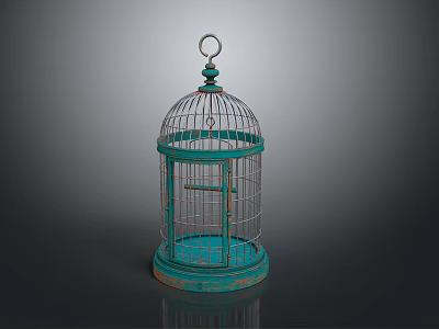 Vintage Turquoise Bird Cage With Metal Frame Circular Base And Decorative Top Ring 3d model