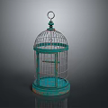 Vintage Turquoise Bird Cage With Metal Frame Circular Base And Decorative Top Ring