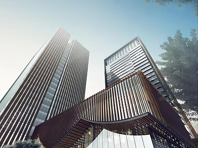 Modern Sales Office Building With Curved Metal Strips Glass Facade And High Rise Buildings 3d model