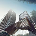 Modern Sales Office Building With Curved Metal Strips Glass Facade And High Rise Buildings
