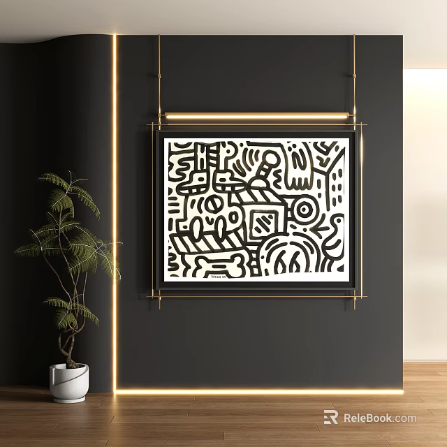 Abstract Painting In Golden Frame Black White Intricate Lines On Black Wall With Green Plant 3d model 