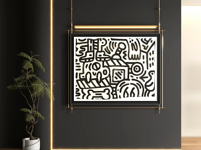 Abstract Painting In Golden Frame Black White Intricate Lines On Black Wall With Green Plant 3d model