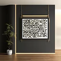 Abstract Painting In Golden Frame Black White Intricate Lines On Black Wall With Green Plant
