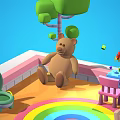 Cartoon Play Area With Teddy Bear Baby Crib Rainbow Rug Small Furniture And Colorful Ball