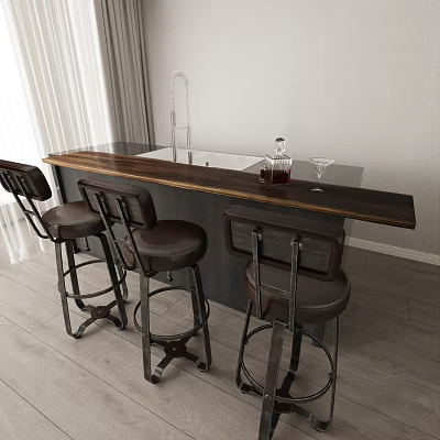 Modern Interior Bar Counter With Three Brown Leather Bar Stools Wooden Top And Wine Glasses 3d model