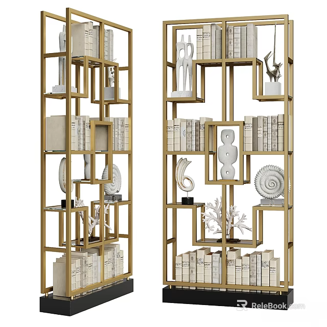 Golden Frame Multi Tiered Shelving Unit With Books Decorative Sculptures And Ornaments 3d model 