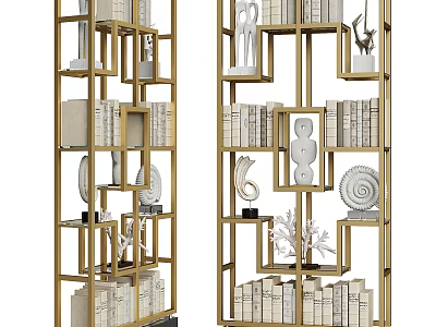 Golden Frame Multi Tiered Shelving Unit With Books Decorative Sculptures And Ornaments 3d model