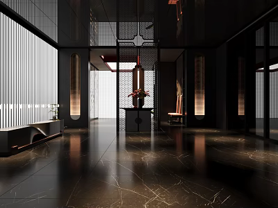 Modern Hotel Lobby Interior Featuring Black Marble Floor Warm Lighting And Grille Decor 3d model