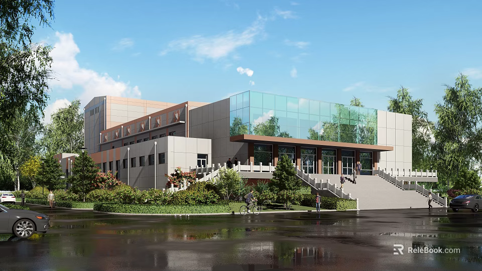 Modern Public Building With Glass Facade Stone Exterior Landscaping Water Feature And Entrance Steps 3d model 