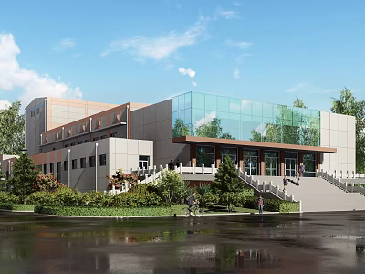 Modern Public Building With Glass Facade Stone Exterior Landscaping Water Feature And Entrance Steps 3d model