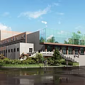Modern Public Building With Glass Facade Stone Exterior Landscaping Water Feature And Entrance Steps