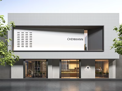 Modern Storefront Featuring Gray Tiled Wall White Panel CHENMANN Lettering Glass Door Windows Green Plants 3d model