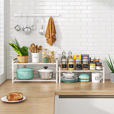Cozy Kitchen Interior With White Brick Wall Shelf Holding Vegetables Spices Pots And Bowls 3d model
