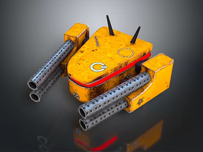 Yellow Mechanical Weapon with Multiple Barrels Orange Accents and Black Antennas Industrial Design 3d model