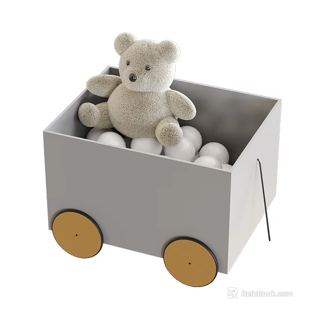 Cute Stuffed Teddy Bear Doll in Gray Cart with White Balls and Wheels 3d model 