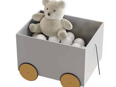 Cute Stuffed Teddy Bear Doll in Gray Cart with White Balls and Wheels 3d model