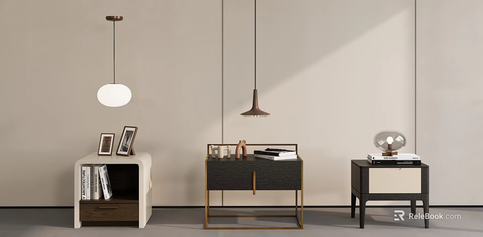 Elegant Modern Bedside Table With Metal Frame Drawers Books And Photo Frames 3d model 