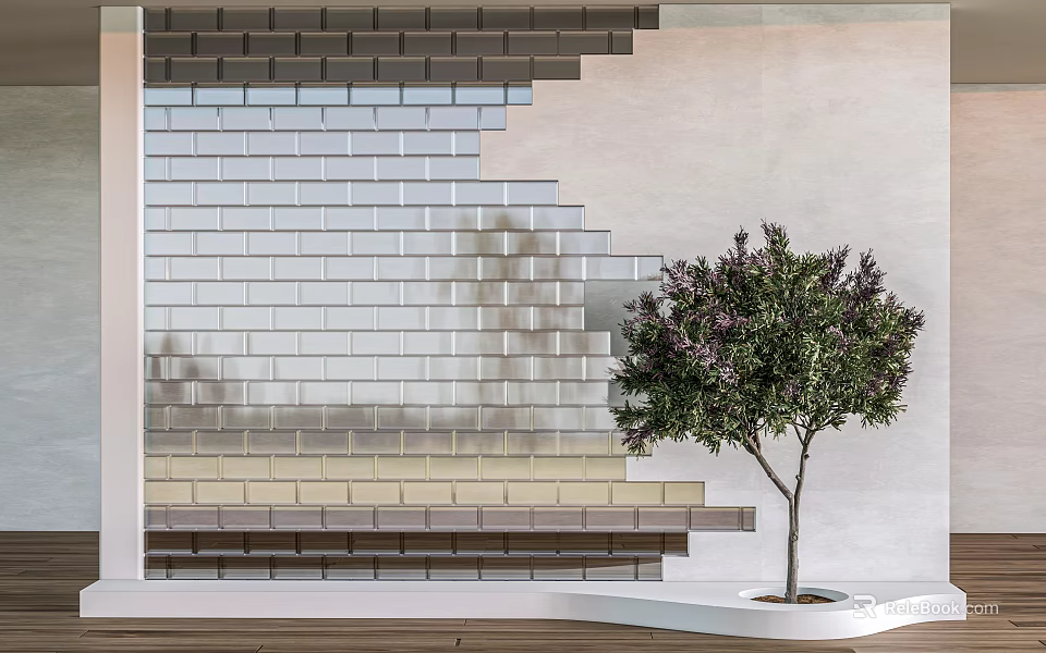 Layered Multicolored Brick Room Divider With Potted Tree And Wooden Floor 3d model 