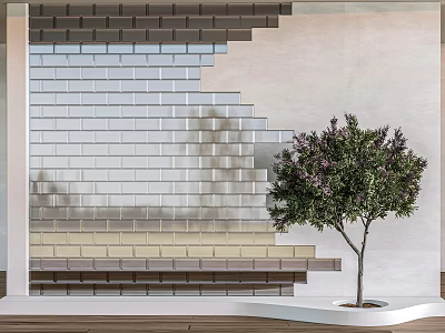Layered Multicolored Brick Room Divider With Potted Tree And Wooden Floor 3d model