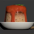 Delicious Pudding Dessert in White Bowl with Red Drizzling Sauce Green Parsley and Wooden Spoon