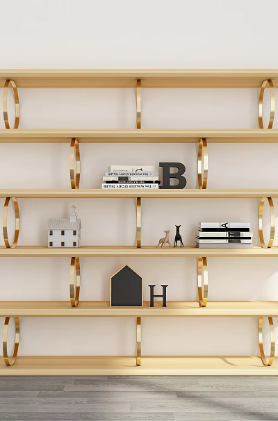 Modern Minimalist Bookcase With Wooden Shelves Metal Brackets Books And Decorative Items 3d model