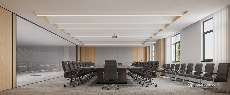 Modern Conference Room With Long Wooden Table Black Chairs And Wooden Ceiling Accents 3d model 