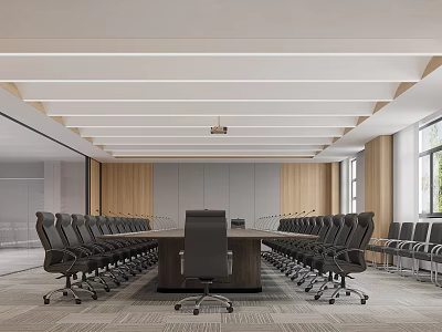 Modern Conference Room With Long Wooden Table Black Chairs And Wooden Ceiling Accents 3d model