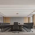 Modern Conference Room With Long Wooden Table Black Chairs And Wooden Ceiling Accents