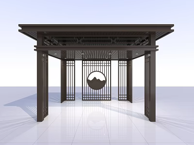 Traditional Chinese Architectural Components with Wooden Pillars Roof Frame and Circular Lattice Window 3d model