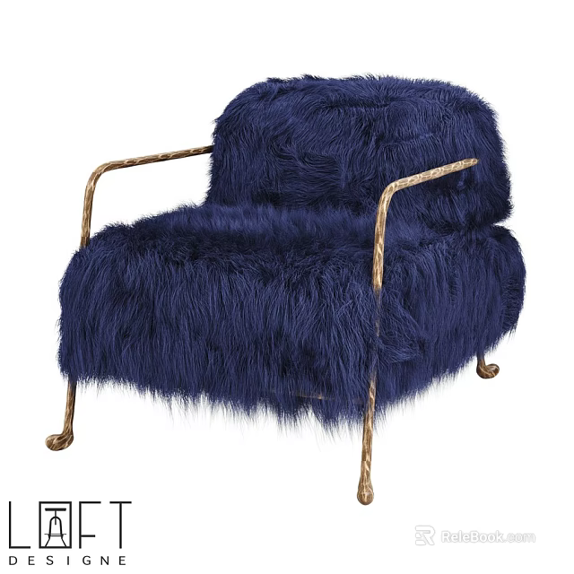 Modern Leisure Chair With Deep Blue Plush Upholstery And Golden Metal Armrests 3d model 