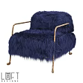 Modern Leisure Chair With Deep Blue Plush Upholstery And Golden Metal Armrests
