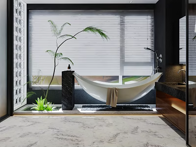 Modern Bathroom With Hammock Bathtub Plants And Large Window 3d model