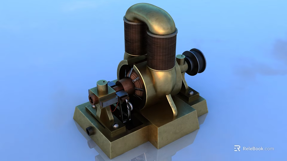 Vintage Brass Industrial Equipment With Cylindrical Coils And Mechanical Base 3d model 