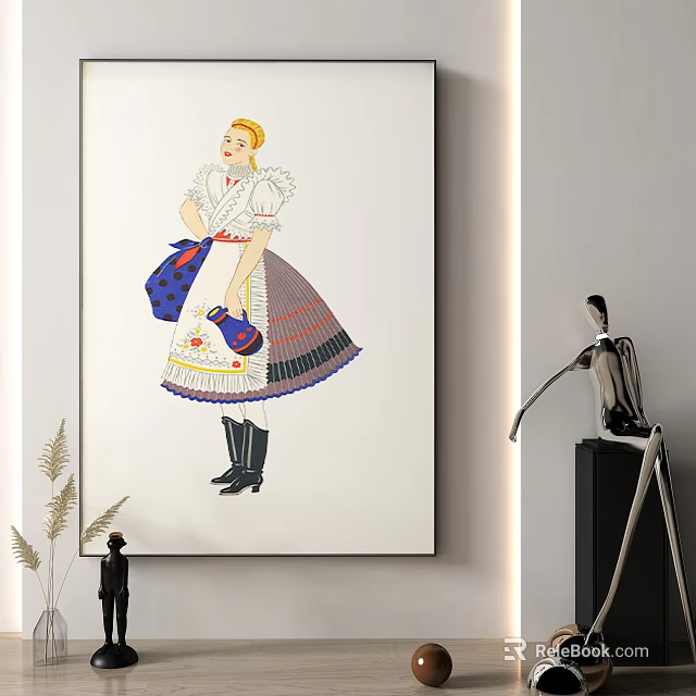 Traditional Female Portrait Painting In Folk Costume With Colorful Skirt And Apron Decorative Wall Art 3d model 