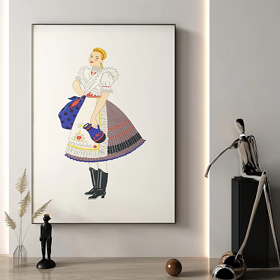 Traditional Female Portrait Painting In Folk Costume With Colorful Skirt And Apron Decorative Wall Art 3d model
